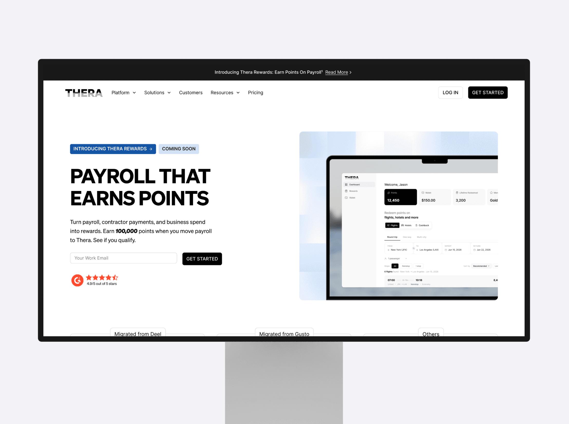 Thera payroll platform dashboard shown on a desktop monitor