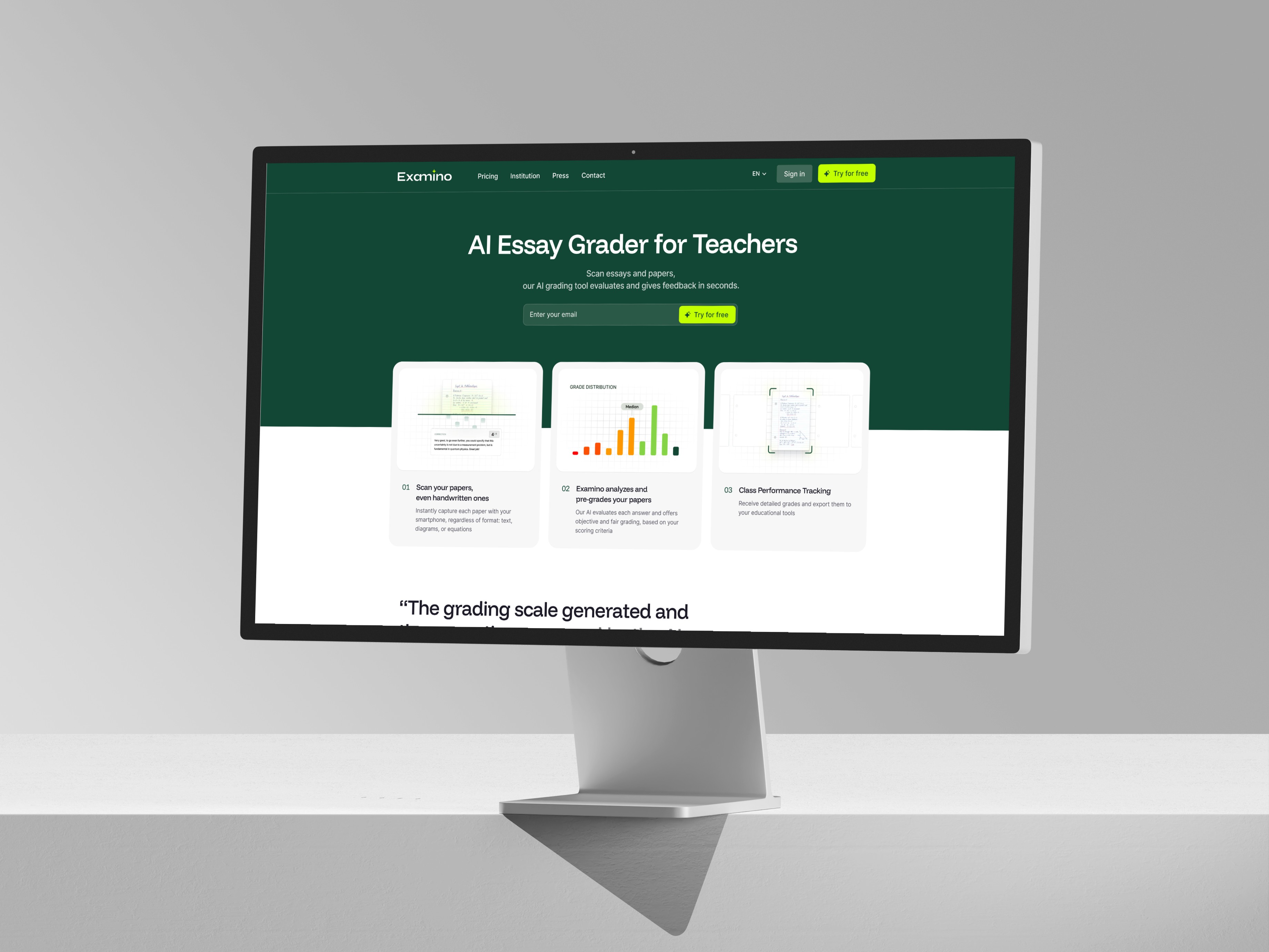 Examino AI essay grading dashboard shown on a desktop monitor