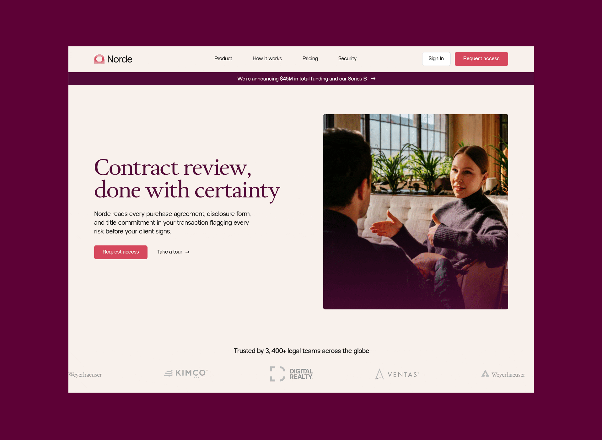 Norde contract intelligence platform shown in a desktop website preview
